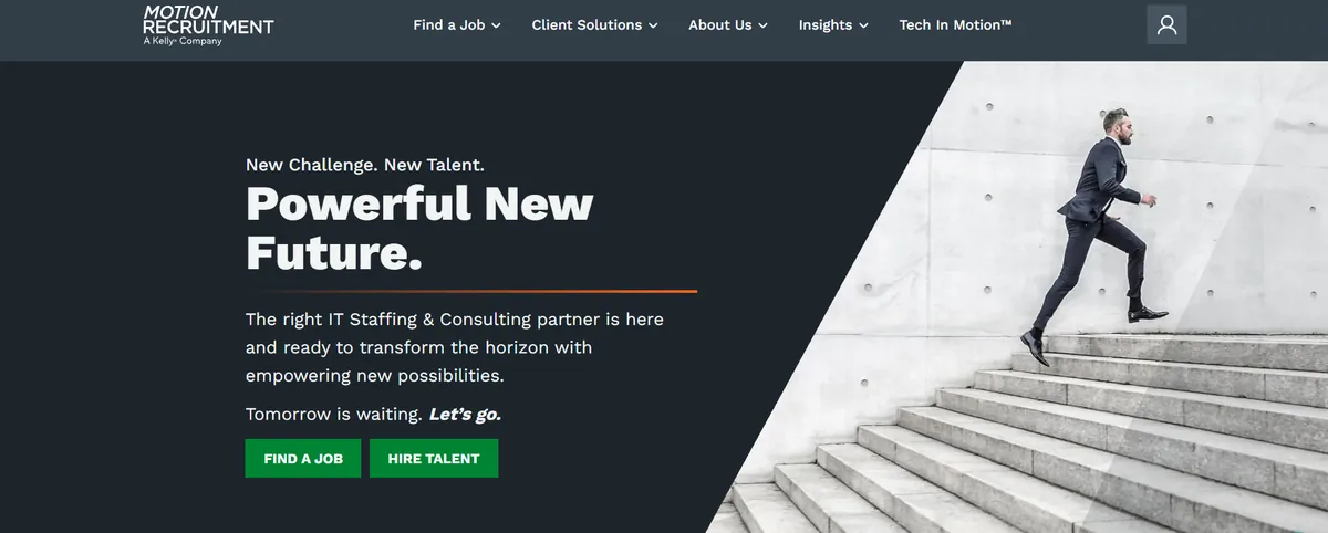 Motion Recruitment Dallas IT staffing homepage with Powerful New Future tagline