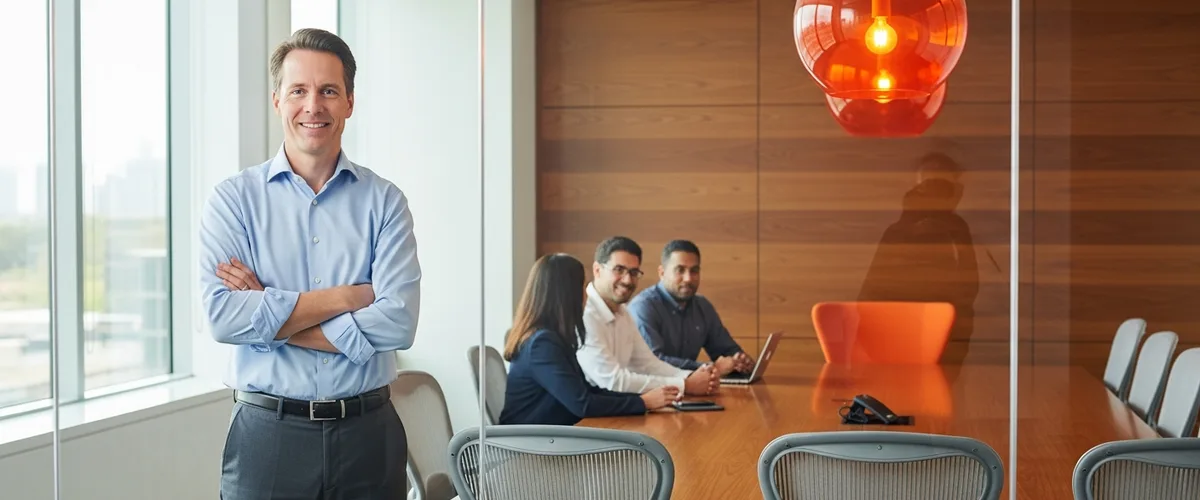 Senior NetSuite consultant standing in a modern conference room ready for a hiring panel interview
