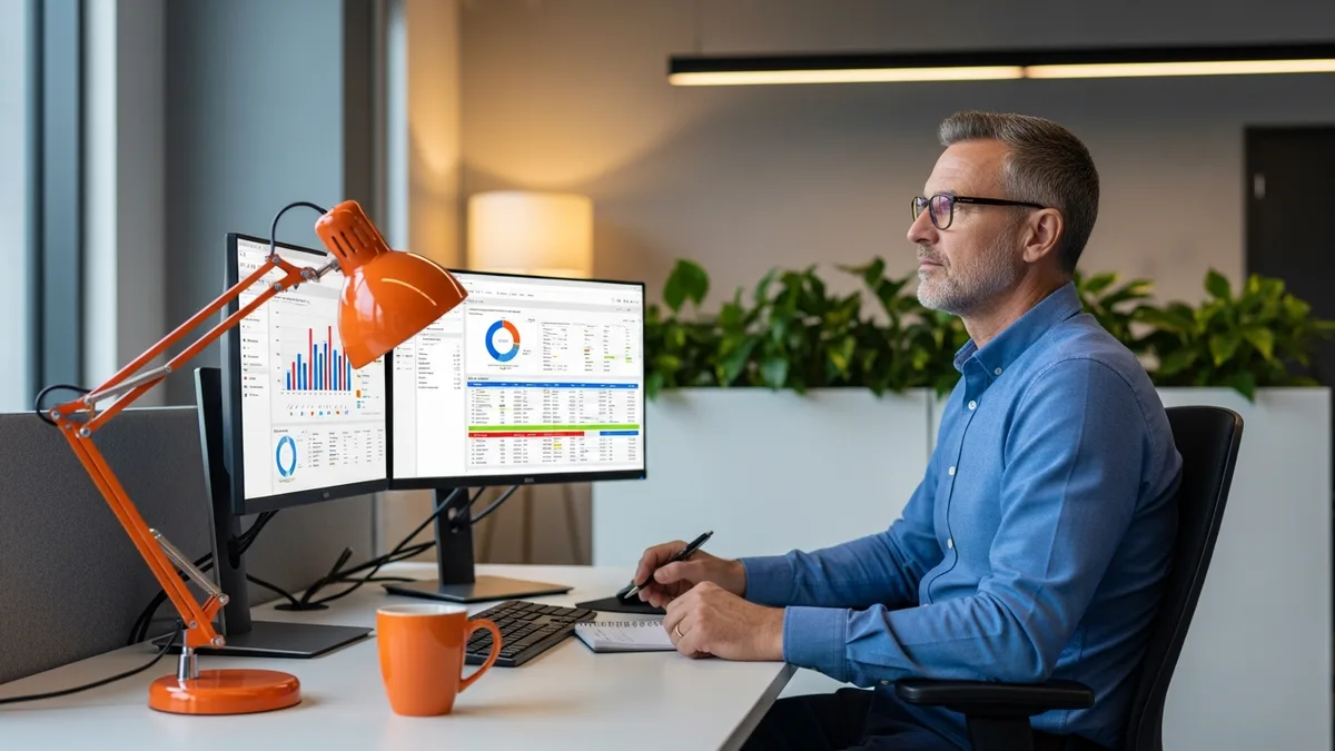 Senior NetSuite functional consultant at a dual-monitor workstation reviewing a multi-subsidiary chart of accounts and revenue recognition dashboard