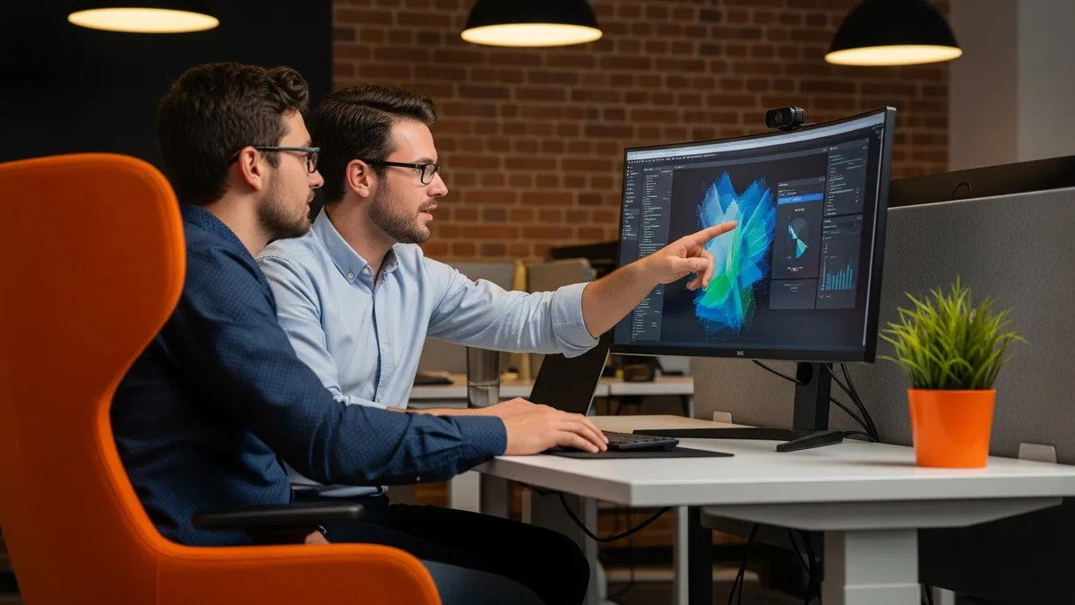 Two NetSuite technical consultants pair-reviewing SuiteScript 2.x code on a large monitor in a software development workspace