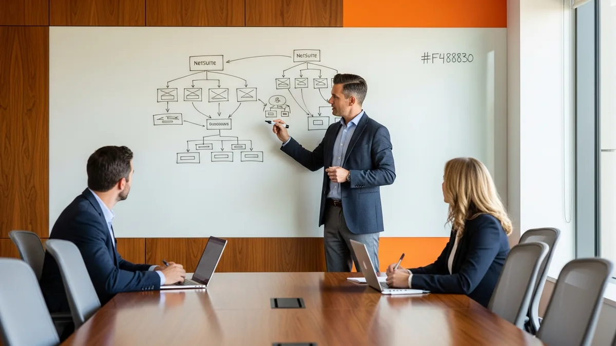 NetSuite consultant whiteboarding a multi-subsidiary OneWorld architecture diagram during a hiring panel interview