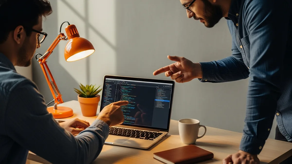 Two network engineers reviewing Python automation code and an Ansible playbook on a laptop in a modern office with orange desk lamp accent