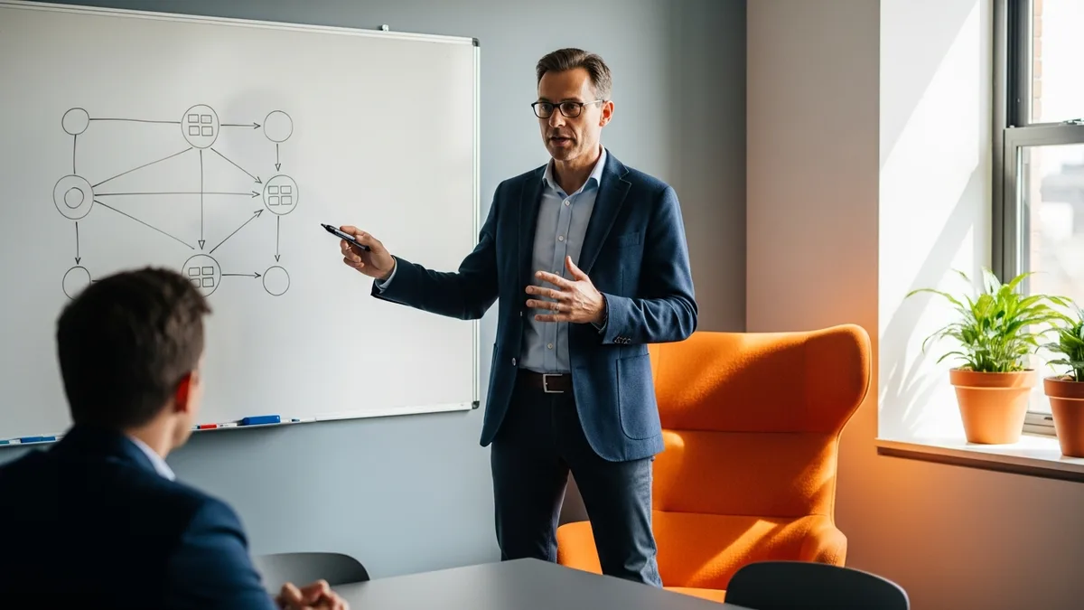 Network engineer reviewing BGP routing topology on dual monitors during a technical interview at a modern office with orange accent lighting
