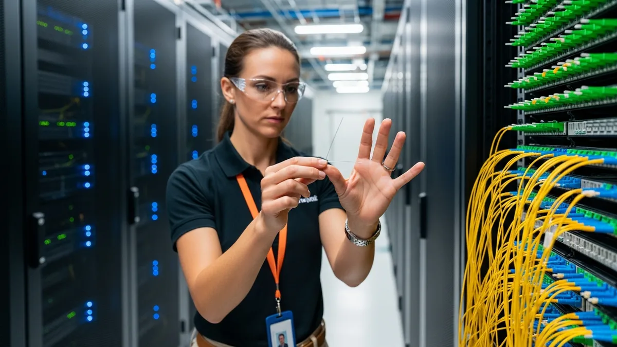 Network engineer in a cool-aisle datacenter inspecting fiber patch panel cabling with orange ID badge lanyard