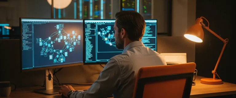 Senior network engineer reviewing BGP routing topology on dual ultrawide monitors in a modern enterprise IT office with orange accent desk lamp