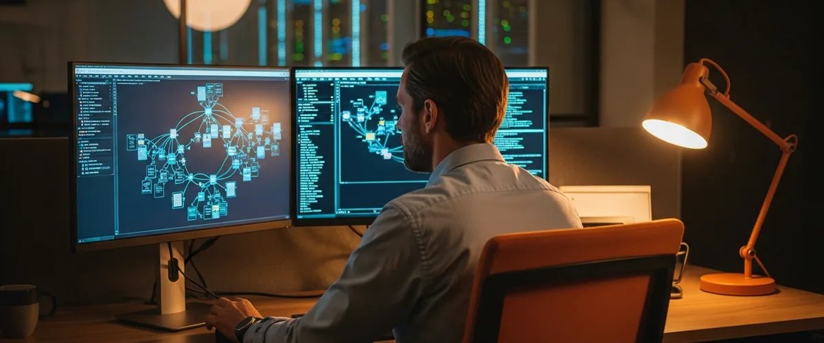 Senior network engineer reviewing BGP routing topology on dual ultrawide monitors in a modern enterprise IT office with orange accent desk lamp