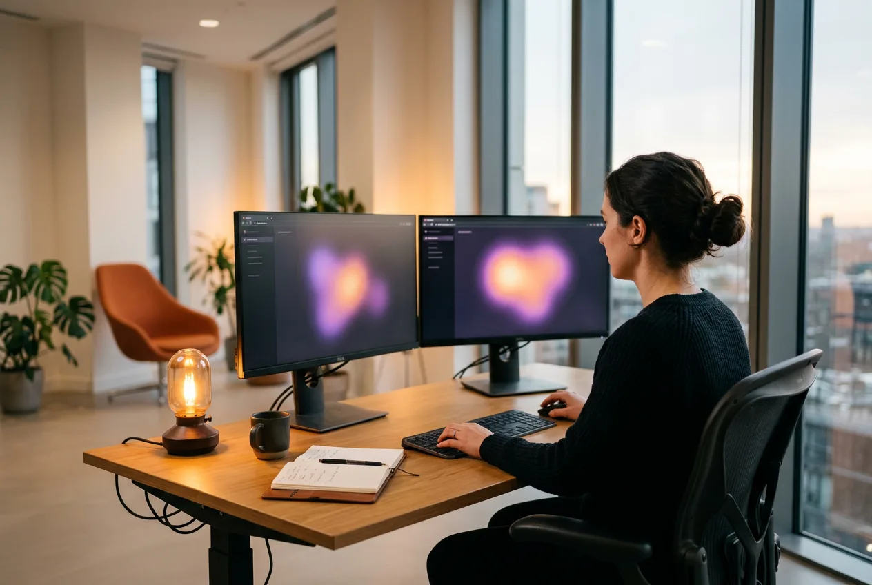 NLP engineer reviewing transformer attention heatmap and tokenization output on dual monitors in modern office