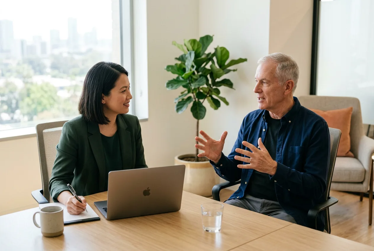 Senior NLP engineer candidate explaining named entity recognition pipeline to female hiring manager during interview