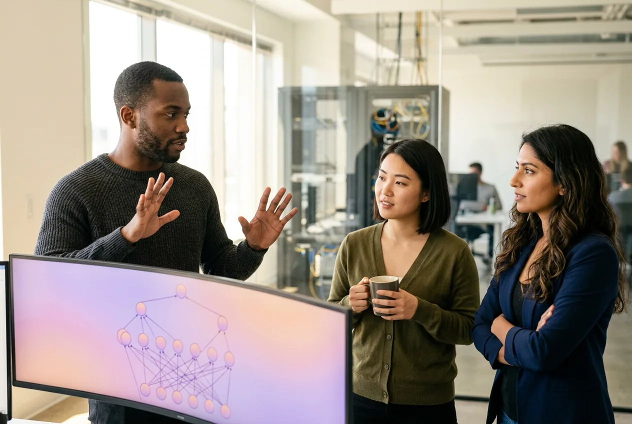 Three NLP engineers collaborating around large monitor displaying transformer architecture diagram with token embeddings