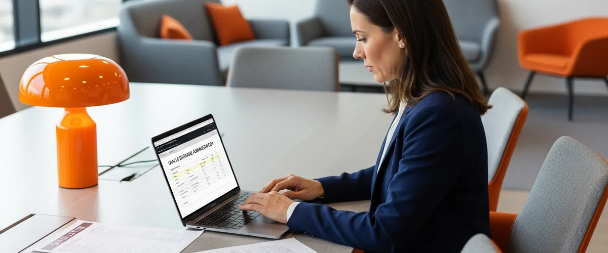 Hiring manager reviewing an Oracle DBA compensation band model on a laptop with printed offer letter drafts and salary benchmark printouts on a modern conference table