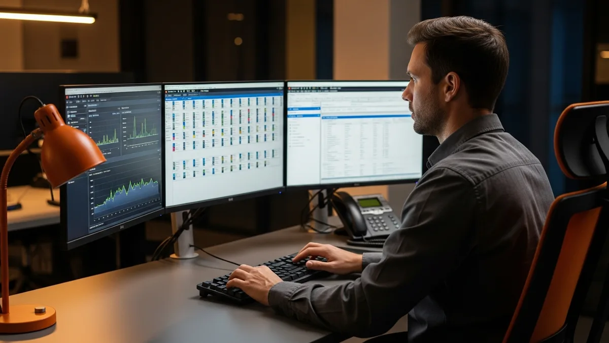 Senior Oracle DBA at a triple-monitor workstation reviewing a RAC cluster status dashboard, an Exadata storage cell health panel, and an Enterprise Manager AWR performance report in a modern enterprise data operations office