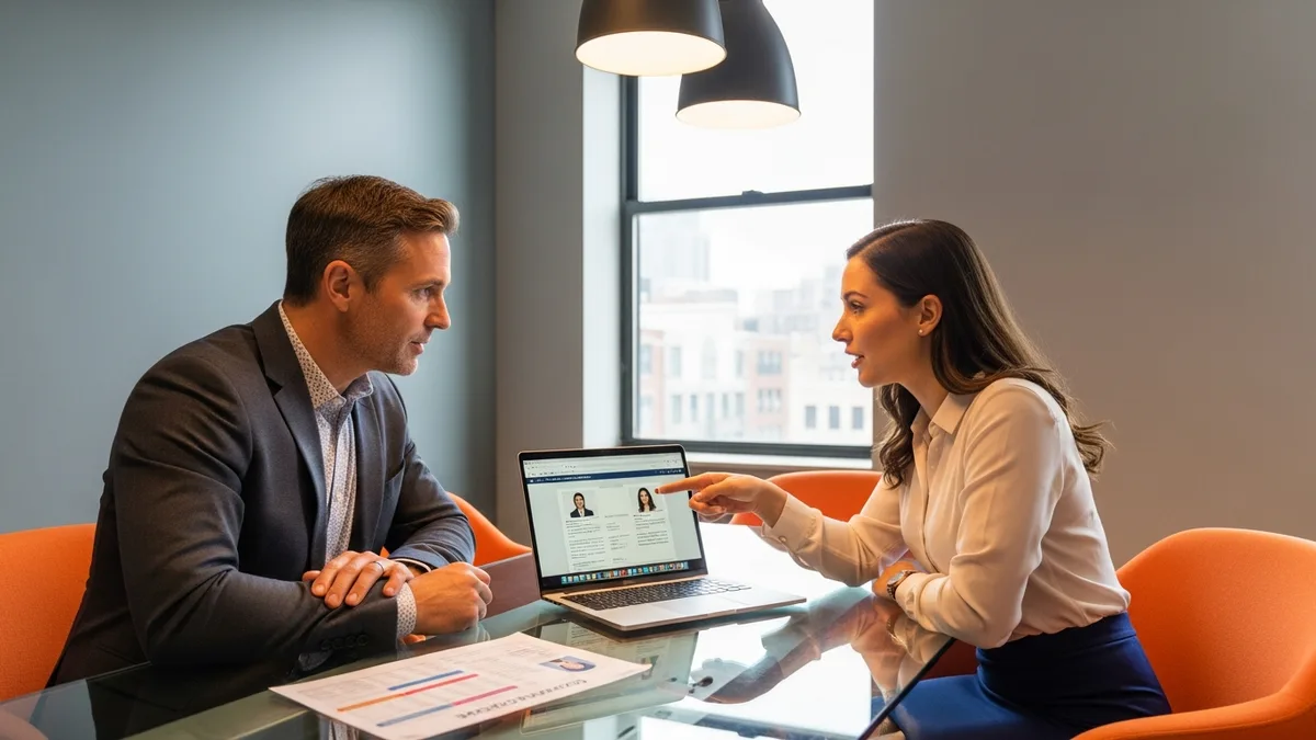Hiring manager and a recruiter in a conference room reviewing Oracle DBA candidate profiles, a salary benchmark report, and an offer letter draft on a laptop