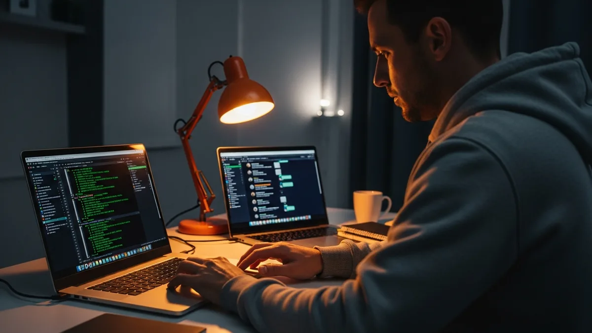 Senior Oracle DBA at a home office workstation late at night running a Data Guard failover procedure on a laptop with multiple terminal windows and a phone open to an incident channel
