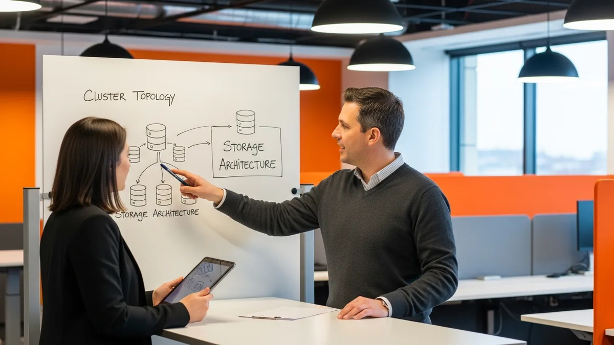 Two Oracle DBA engineers at a high-table whiteboard reviewing a RAC cluster topology diagram and Exadata storage cell configuration with a hiring manager looking on