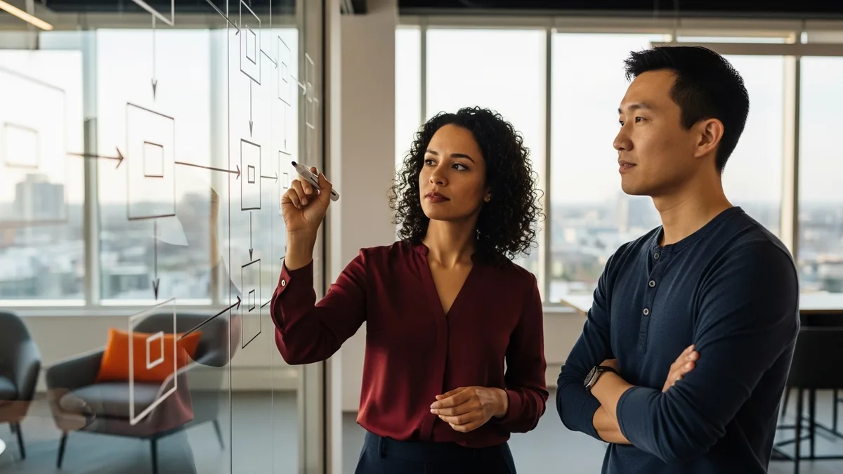 Two ex-PayPal fintech engineers sketching abstract payments system architecture on a glass whiteboard during a 2026 fintech engineering interview loop after PayPal layoffs