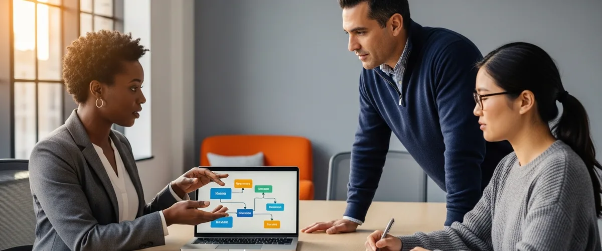 Three senior fintech engineers gathered around a laptop reviewing an abstract payments architecture diagram during the 2026 PayPal layoffs fintech engineering hiring window