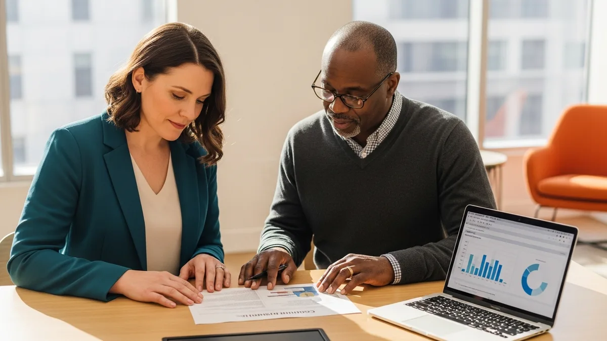 Fintech hiring manager and KORE1 staffing recruiter at a conference table reviewing the ex-PayPal candidate pipeline during the 2026 fintech engineering hiring window after PayPal layoffs