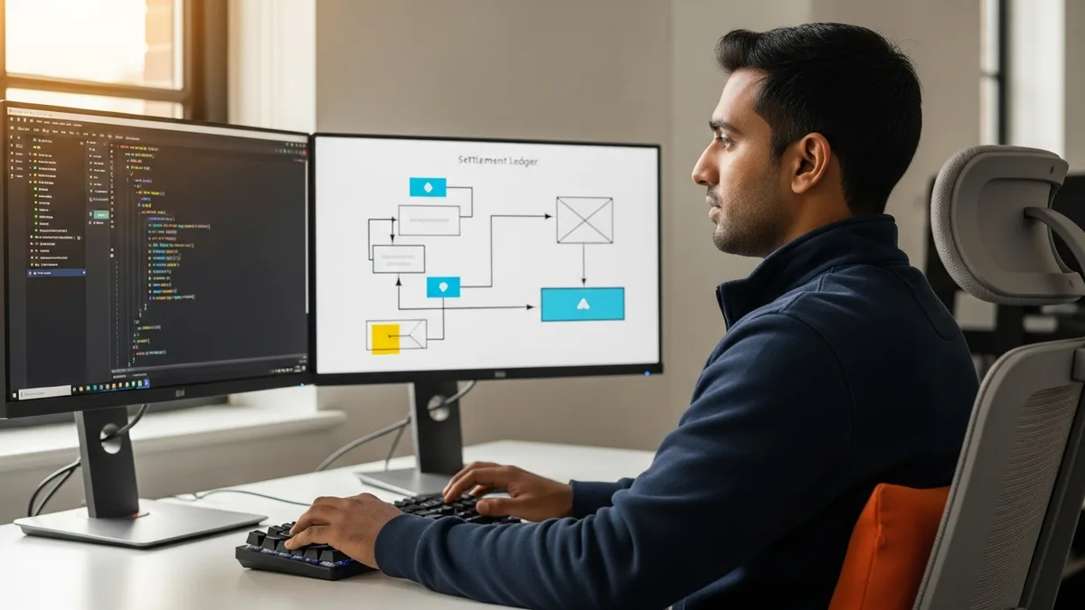 Senior ex-PayPal payments platform engineer at a dual-monitor workstation reviewing payment API code and settlement ledger flow during the 2026 fintech hiring window after PayPal layoffs
