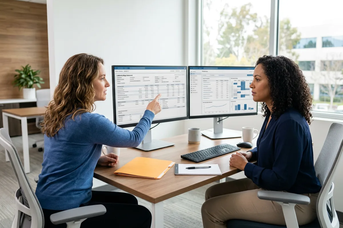 Payroll team reviewing California EDD wage statements and multi-state tax filings on dual monitors in a San Diego office