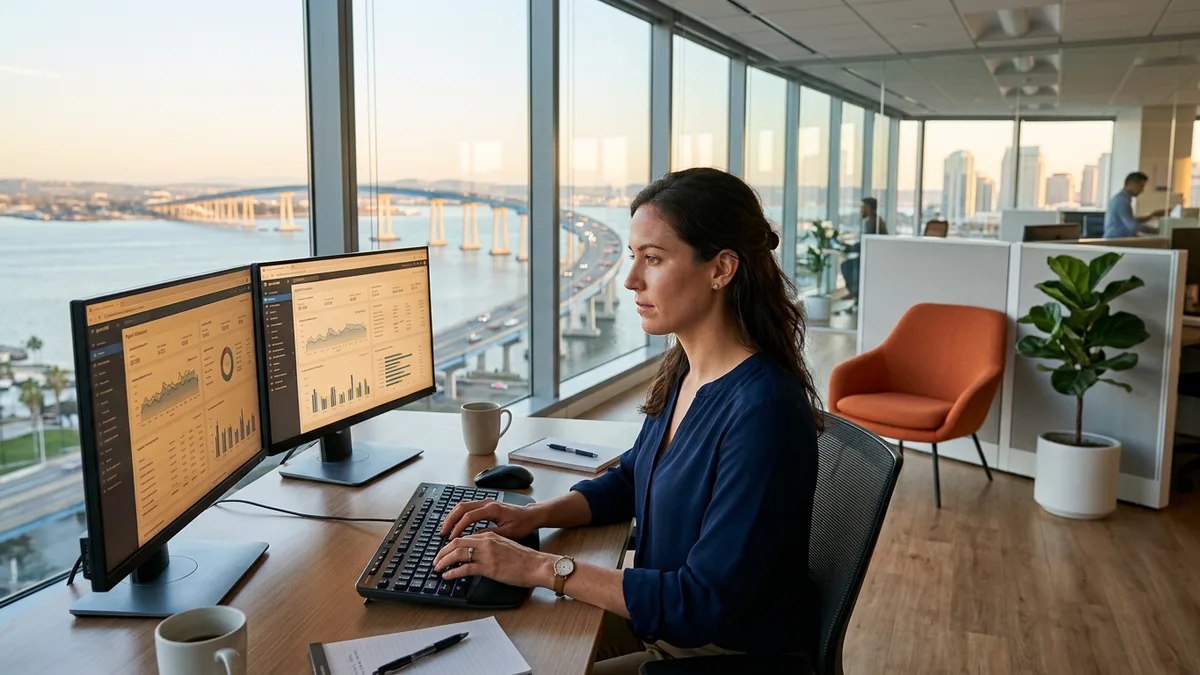 Payroll specialist running multi-state payroll for a San Diego biotech client from a downtown office overlooking the bay