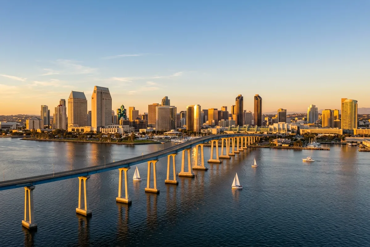 San Diego skyline at golden hour with the Coronado bridge visible across the bay, representing the local KORE1 payroll bench