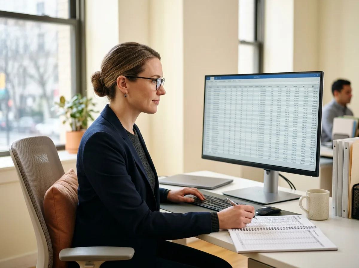 Payroll specialist reviewing a multi-state pay register on a desktop monitor at a cream office desk, KORE1 payroll specialist staffing