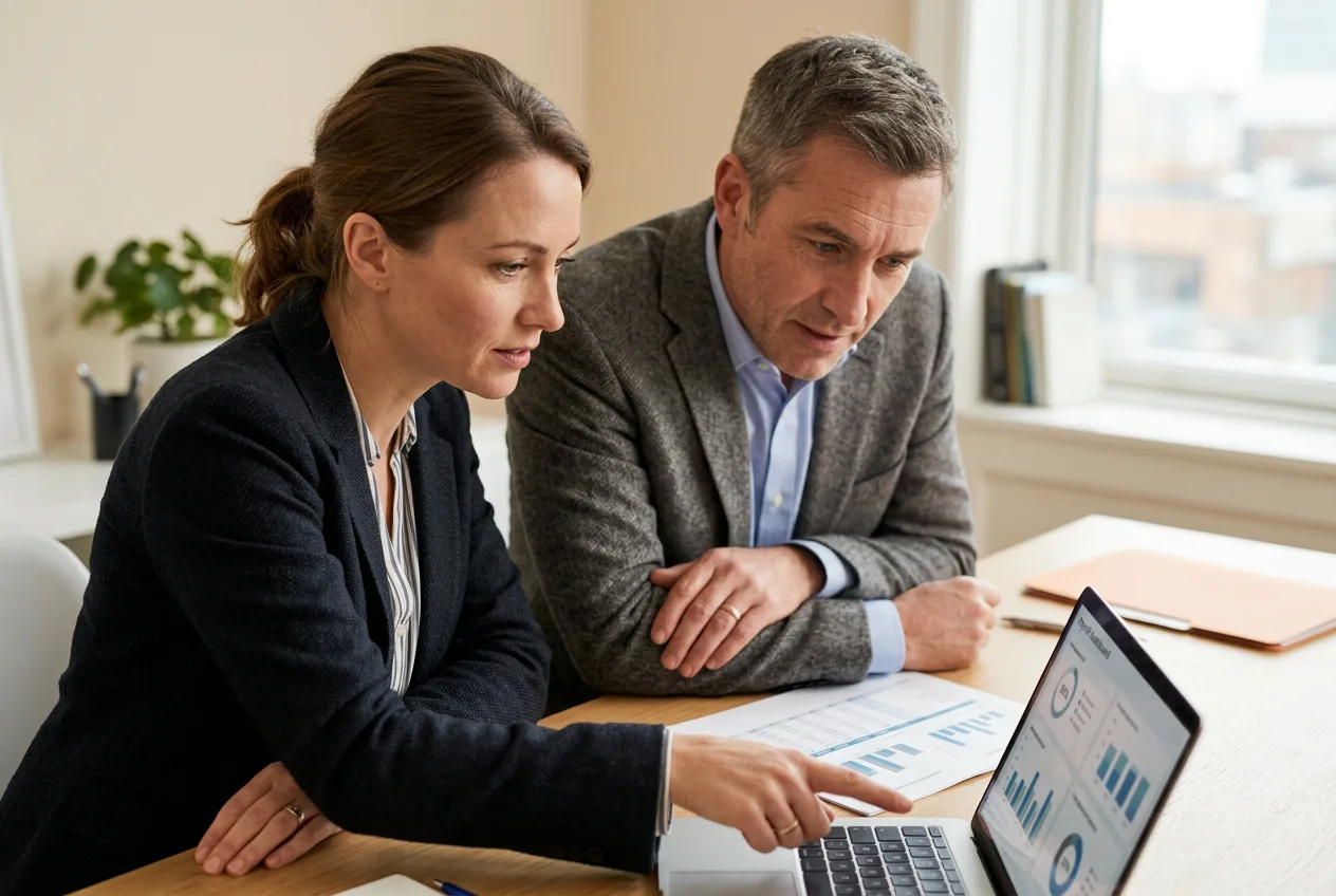 Payroll specialist and finance leader reviewing a payroll dashboard together at a cream office desk