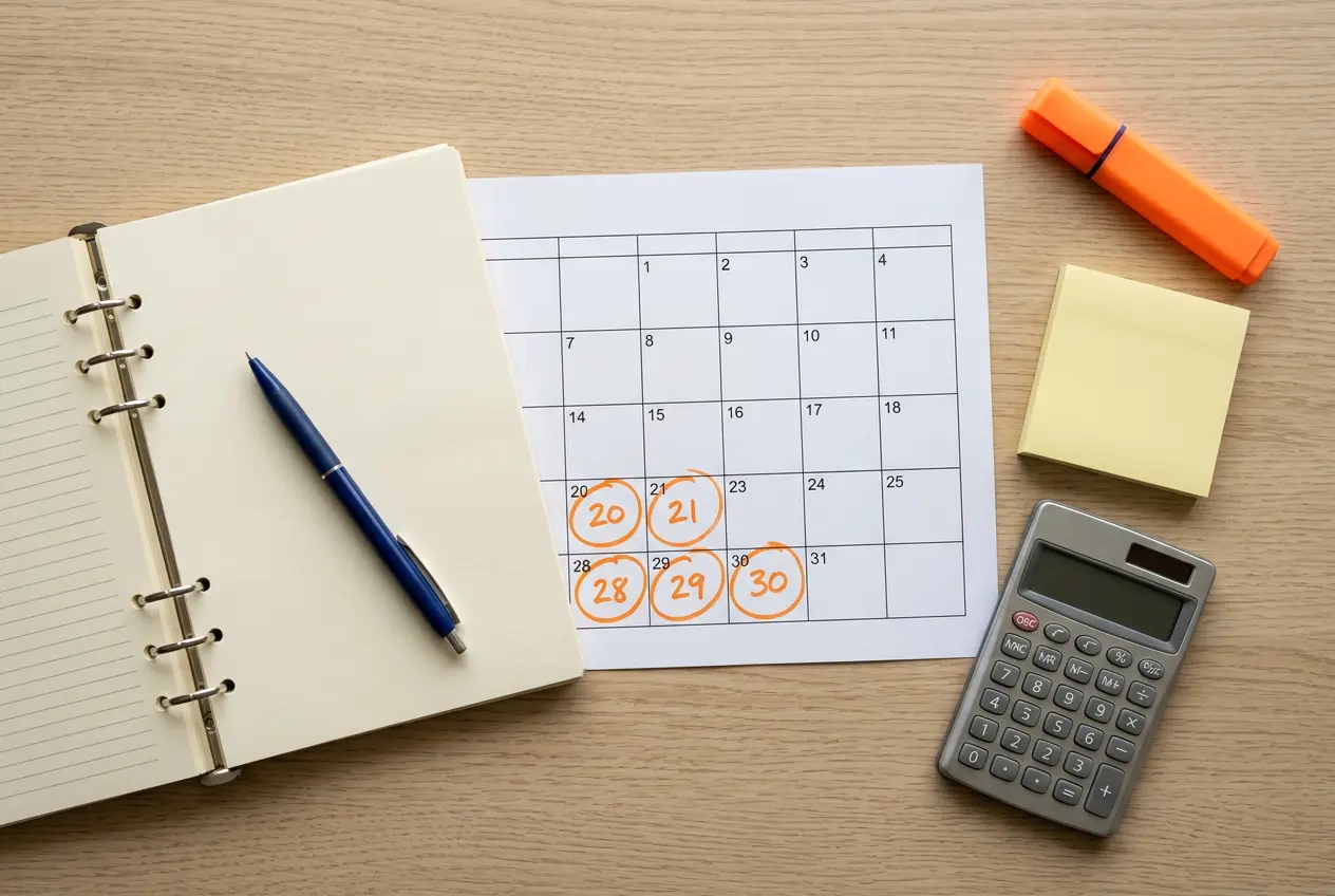 Quarter-end payroll planning desk overhead view with paper calendar, calculator, sticky notes, and an orange highlighter