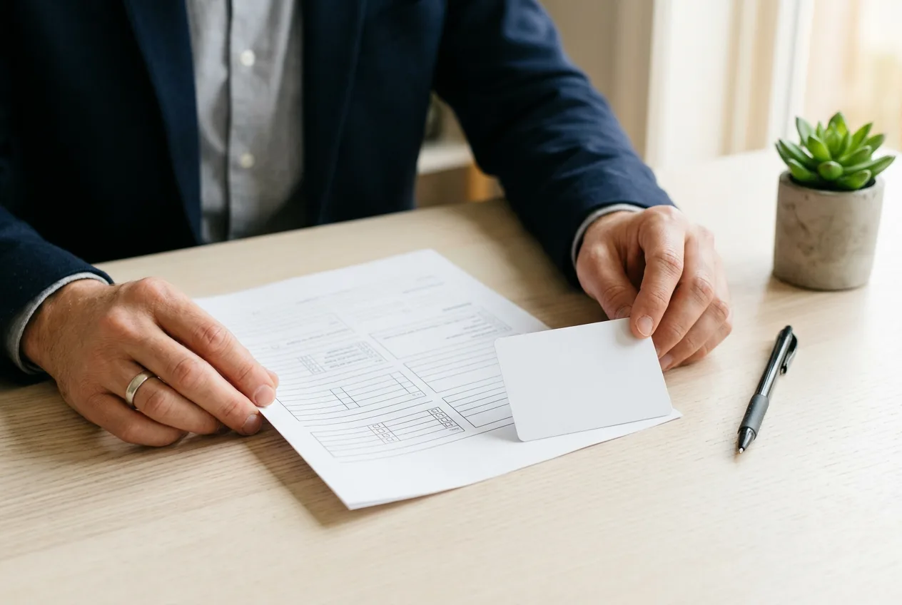 Recruiter reviewing reference notes and a payroll certification card during candidate vetting