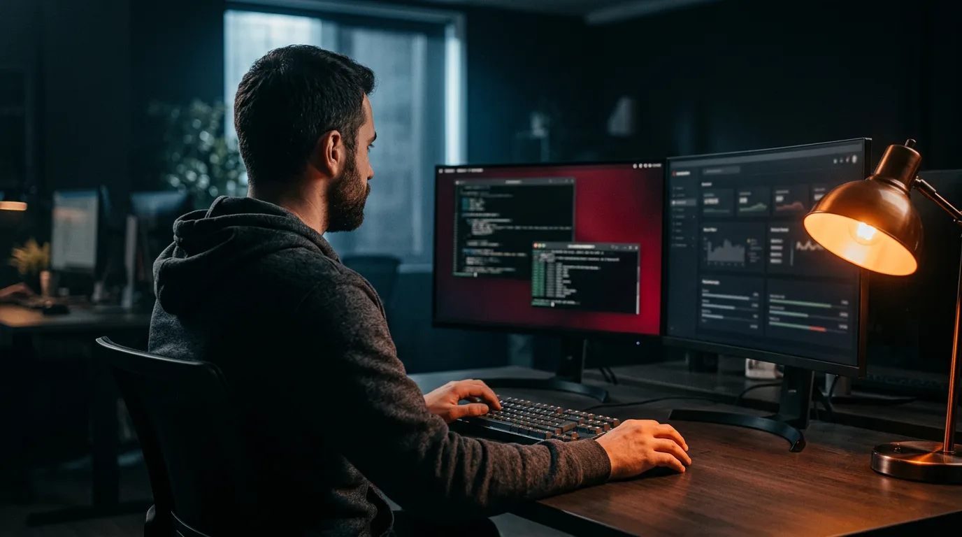 Penetration tester running an engagement at a dim workstation, KORE1 pen test staffing