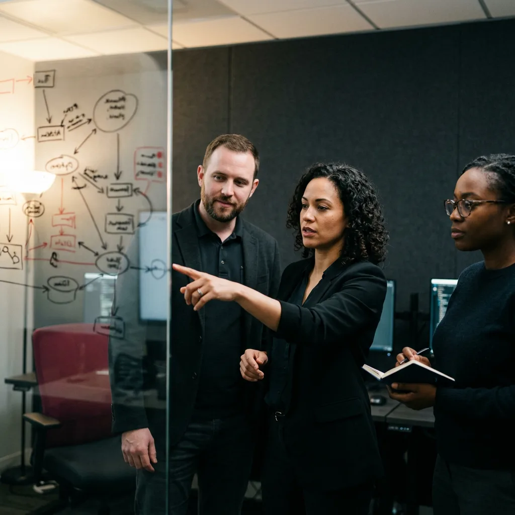 KORE1-placed red team reviewing engagement scope at a glass wall of attack-chain diagrams
