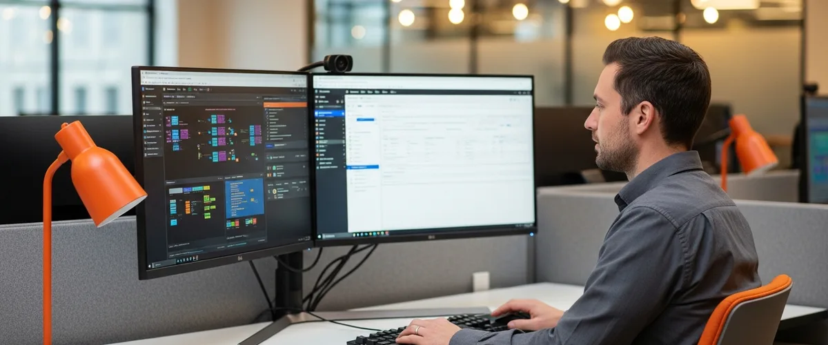 Senior platform engineer at a wide modern workstation reviewing an internal developer portal dashboard with Kubernetes cluster visualization on a secondary monitor