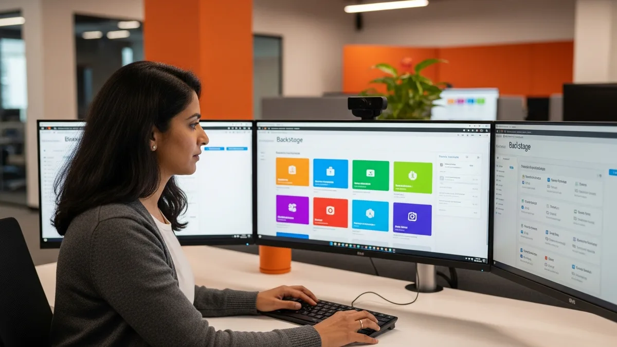 Senior platform engineer at a multi-monitor workstation reviewing a Backstage-style internal developer portal with software catalog tiles and pipeline status indicators