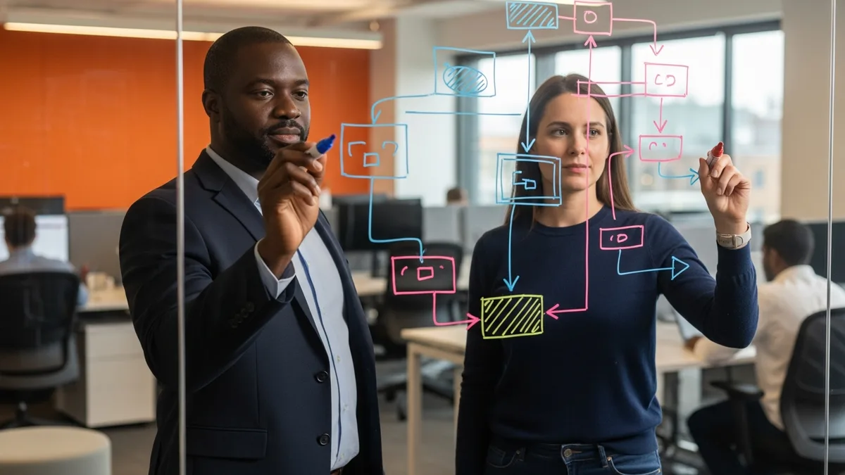 Two platform engineers at a glass whiteboard sketching internal developer platform architecture with GitOps pipeline and software catalog diagrams