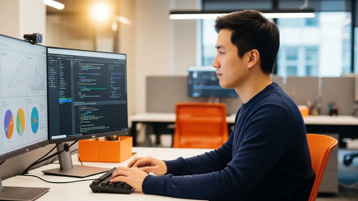 Platform engineer at a dual-monitor workstation reviewing Terraform infrastructure code with cloud cost FinOps analytics dashboard on a secondary monitor