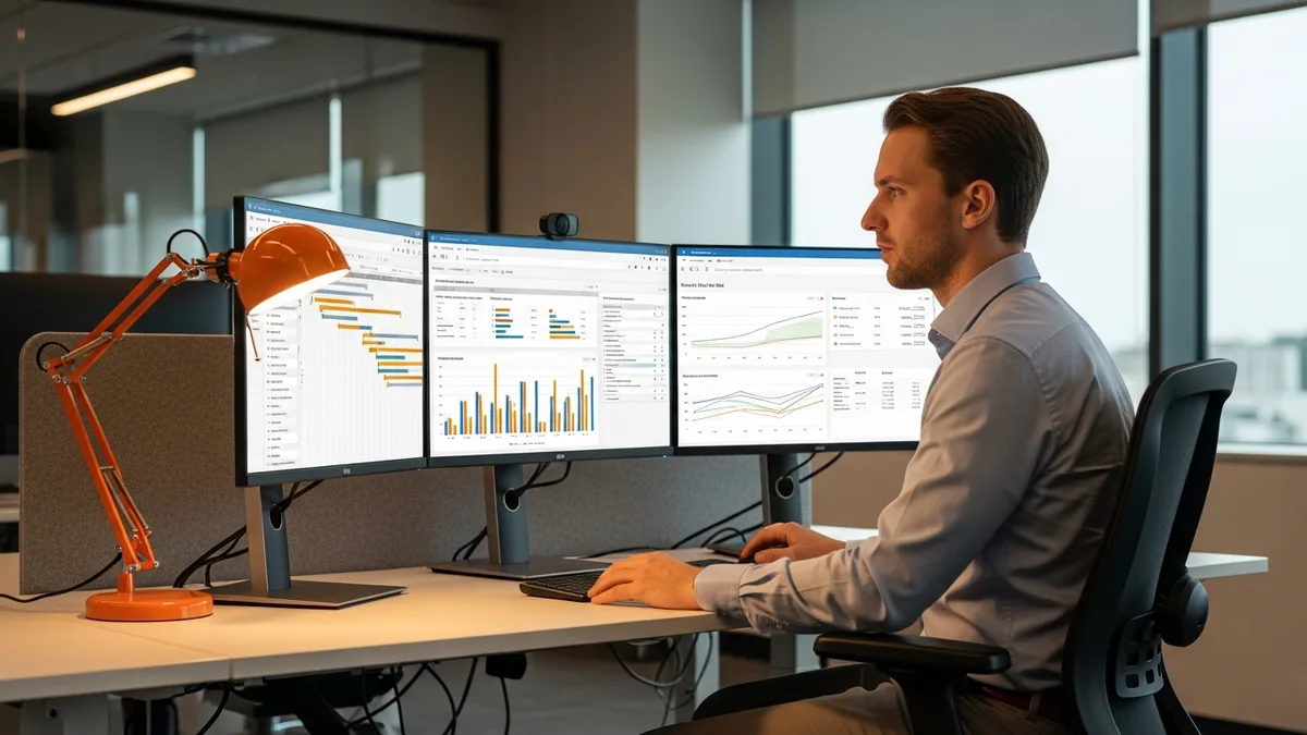 PMO analyst reviewing portfolio dashboards, resource allocation charts, and project budget burn rates on a multi-monitor workstation in a modern PMO office