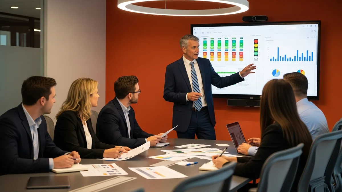Senior PMO Director leading a portfolio governance review meeting with the cross-functional project leadership team around a modern conference table