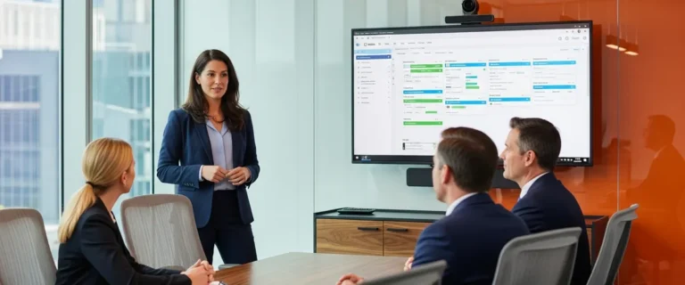 PMO Director presenting a portfolio governance dashboard during a project management office staffing review with executive sponsors