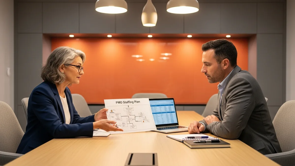 KORE1 staffing recruiter and corporate hiring manager mapping a PMO org chart and staffing plan across a modern conference table