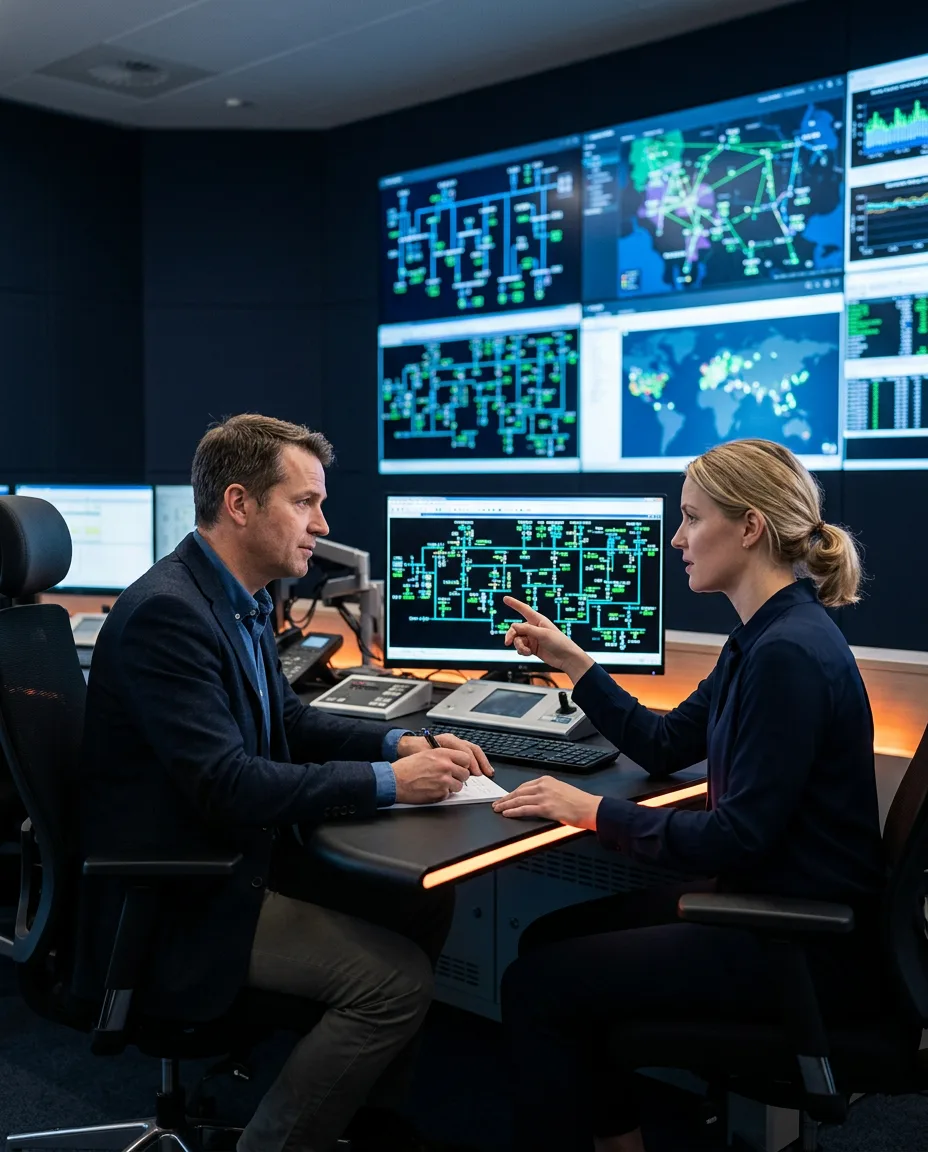 Power systems engineers reviewing grid one-line diagrams in a utility control center
