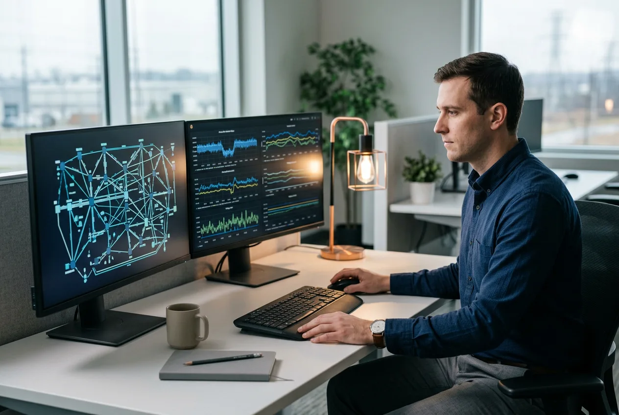 Power systems engineer running transmission grid simulation on dual monitors