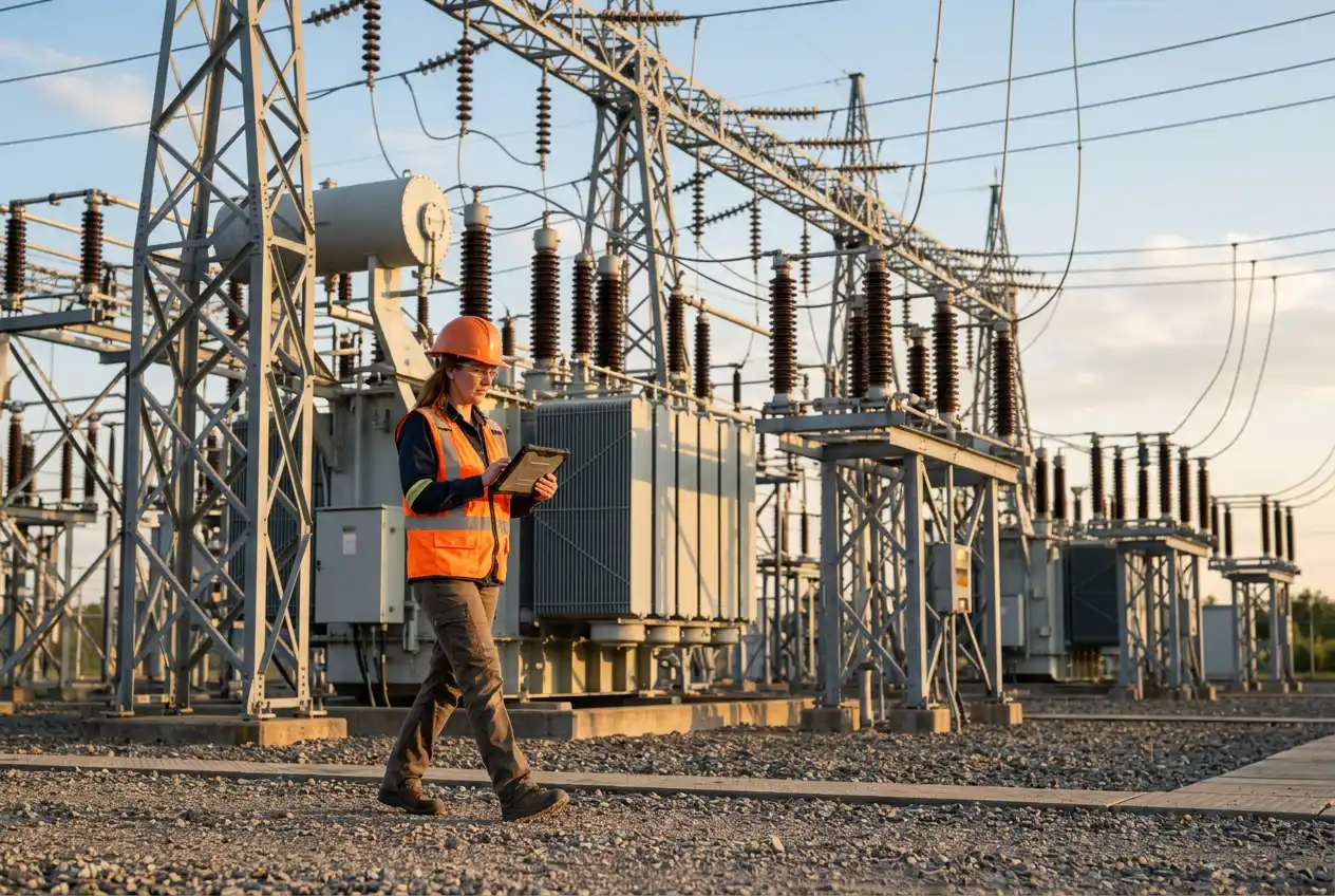 Engineer inspecting high-voltage substation equipment at a power transmission site