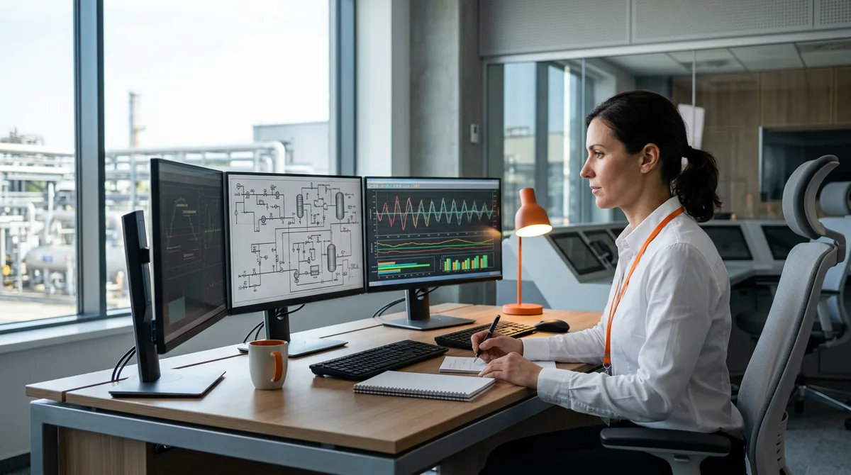 Process engineer reviewing piping and instrumentation diagrams and statistical process control charts at a digital control-room workstation