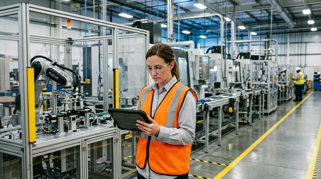 Process engineer on a discrete manufacturing floor reviewing automated assembly cell data on a rugged tablet