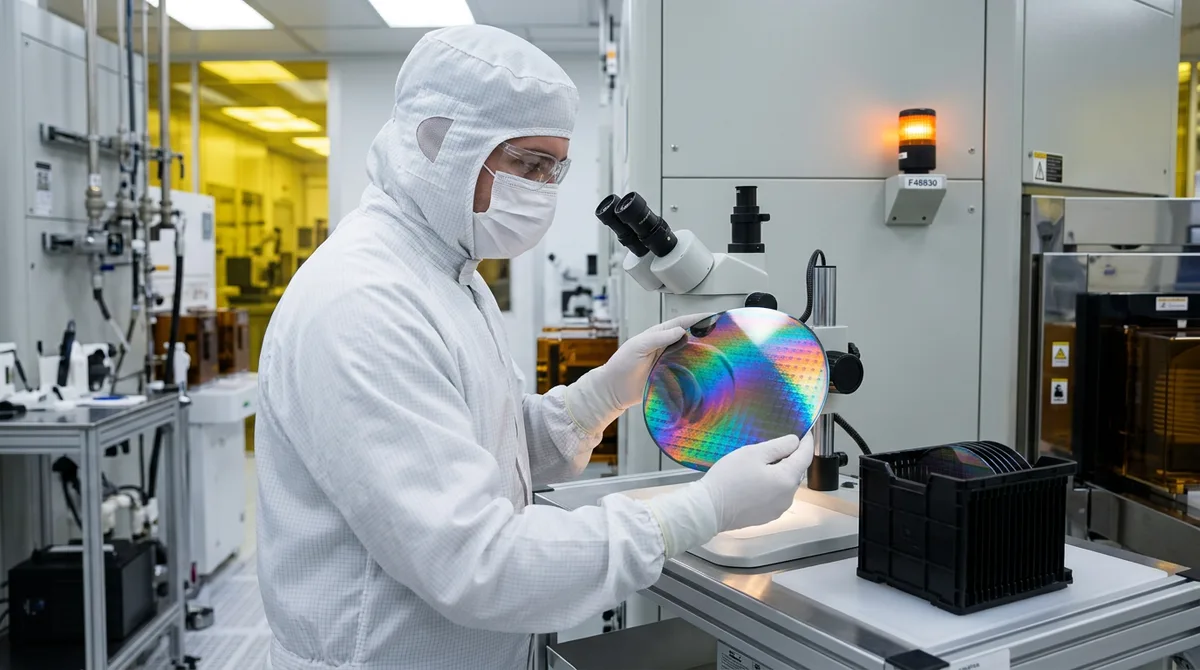 Semiconductor process engineer in cleanroom bunny suit inspecting a silicon wafer at a metrology station inside a fab