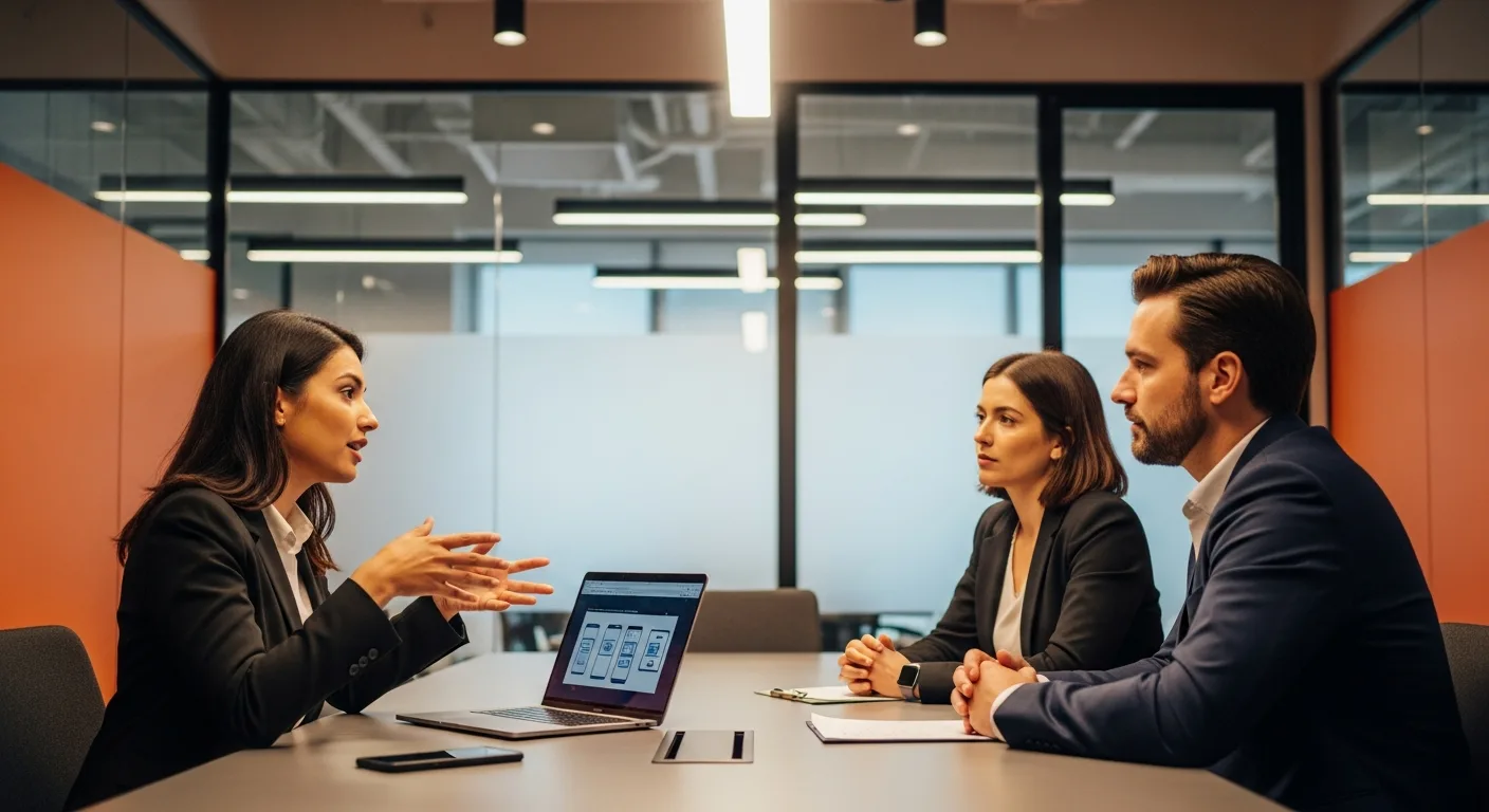 Product manager candidate explaining product sense strategy during interview in modern conference room with orange accents