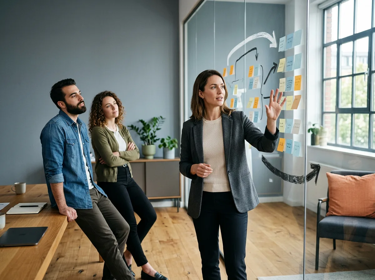 Senior product manager leading a strategy session at a glass wall of roadmap notes with two product team members listening