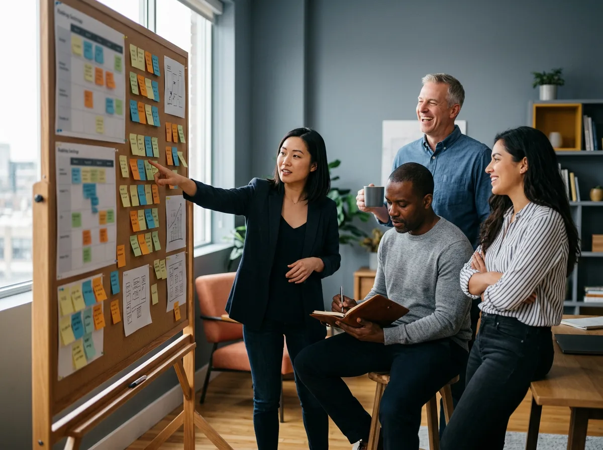 Four product managers from different backgrounds gathered around a roadmap pinboard discussing product portfolio strategy in a daylit studio