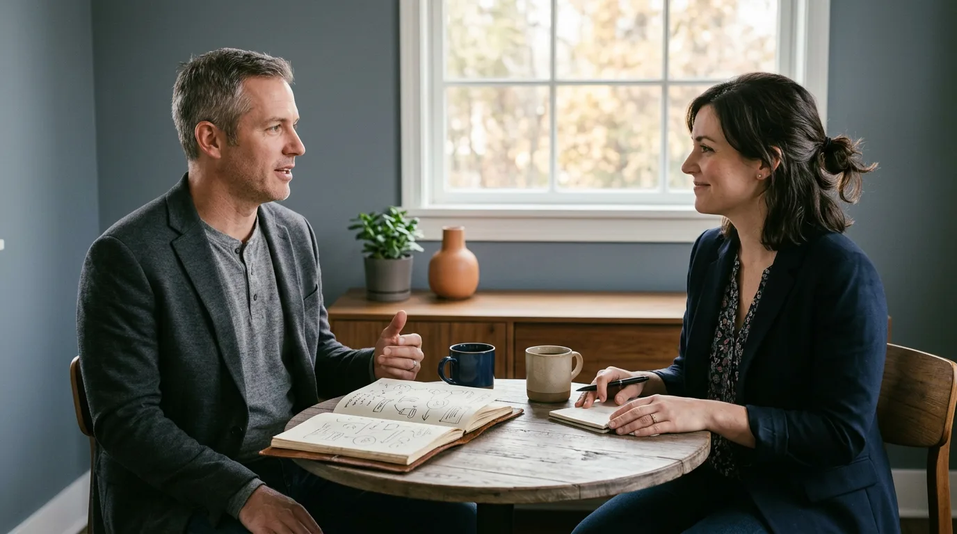 KORE1 recruiter interviewing a product manager candidate across a small wooden table with a sketchbook of flow diagrams open between them
