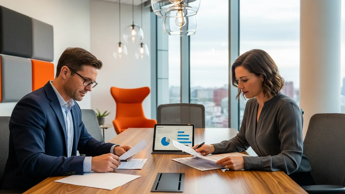 Hiring manager and recruiter reviewing an AI engineering offer letter and equity grant details across a conference room table with orange accent furniture